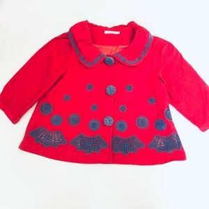 Hazel / Anthropologie Red Jacket with Blue Crochet Details - Women’s S
